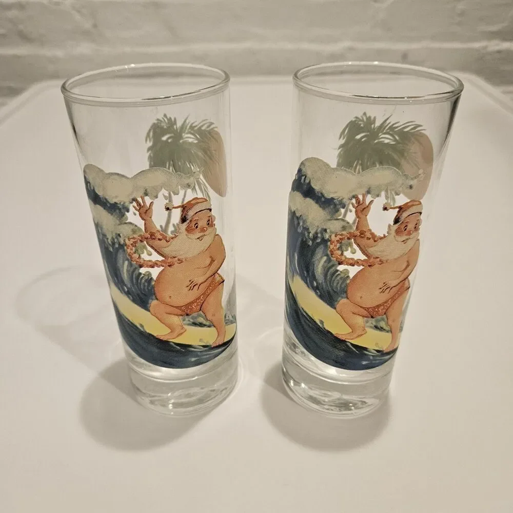 Two Beachbum Berry Sipping Surfing Santa Tom Collins Tiki Christmas Glasses